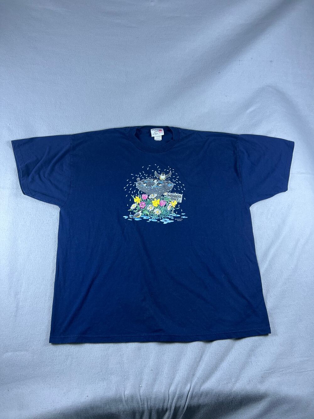 Vintage Morning Sun T-Shirt Womens 3XL Blue Birds Bath Fountain Floral USA Made